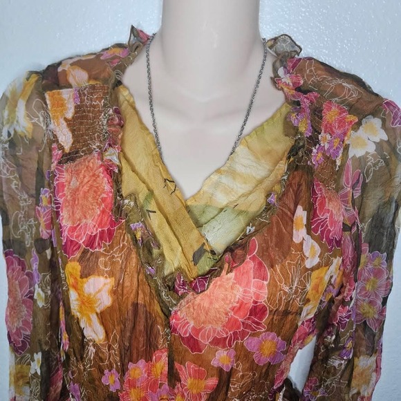 Méchant Silk Floral Chiffon Blouse Sheer Boho Layered Mesh Waist Tie Top - Picture 3 of 8